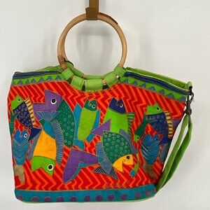 Laurel Burch Fish Print Canvas Handbag With Bamboo Handles & Detachable Strap